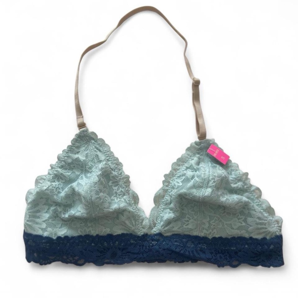 Victoria’s Secret Blue Navy Nude Lace Halter Bralette Size Small NWT